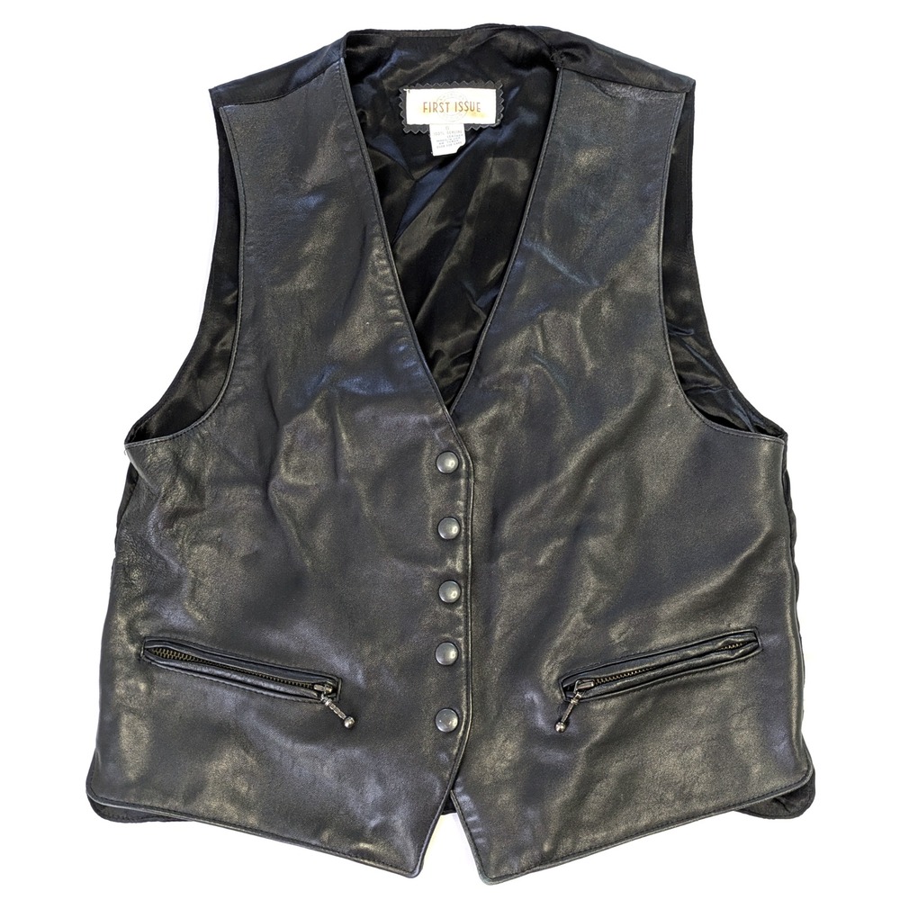 First Issue Vintage Black Genuine Leather Vest Made in USA Small Biker Western